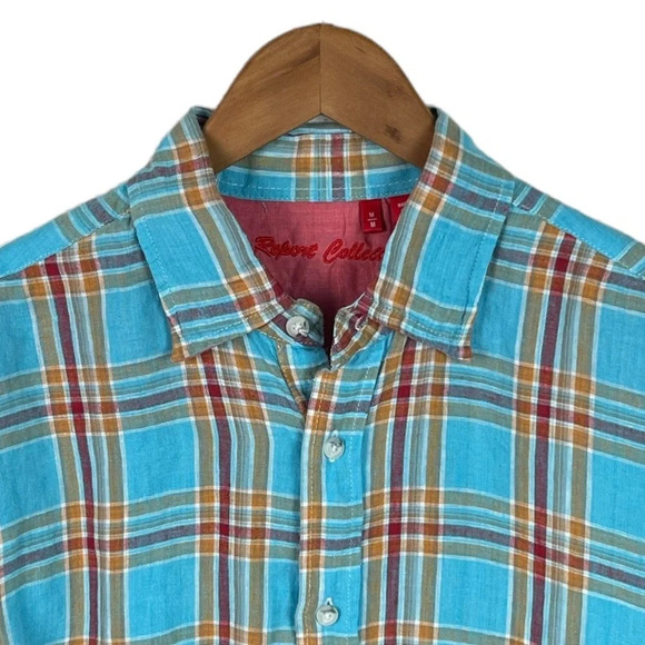 BF987 Mens Report Collection Preppy Plaid 100% LINEN Button Down Shirt M - Picture 3 of 4
